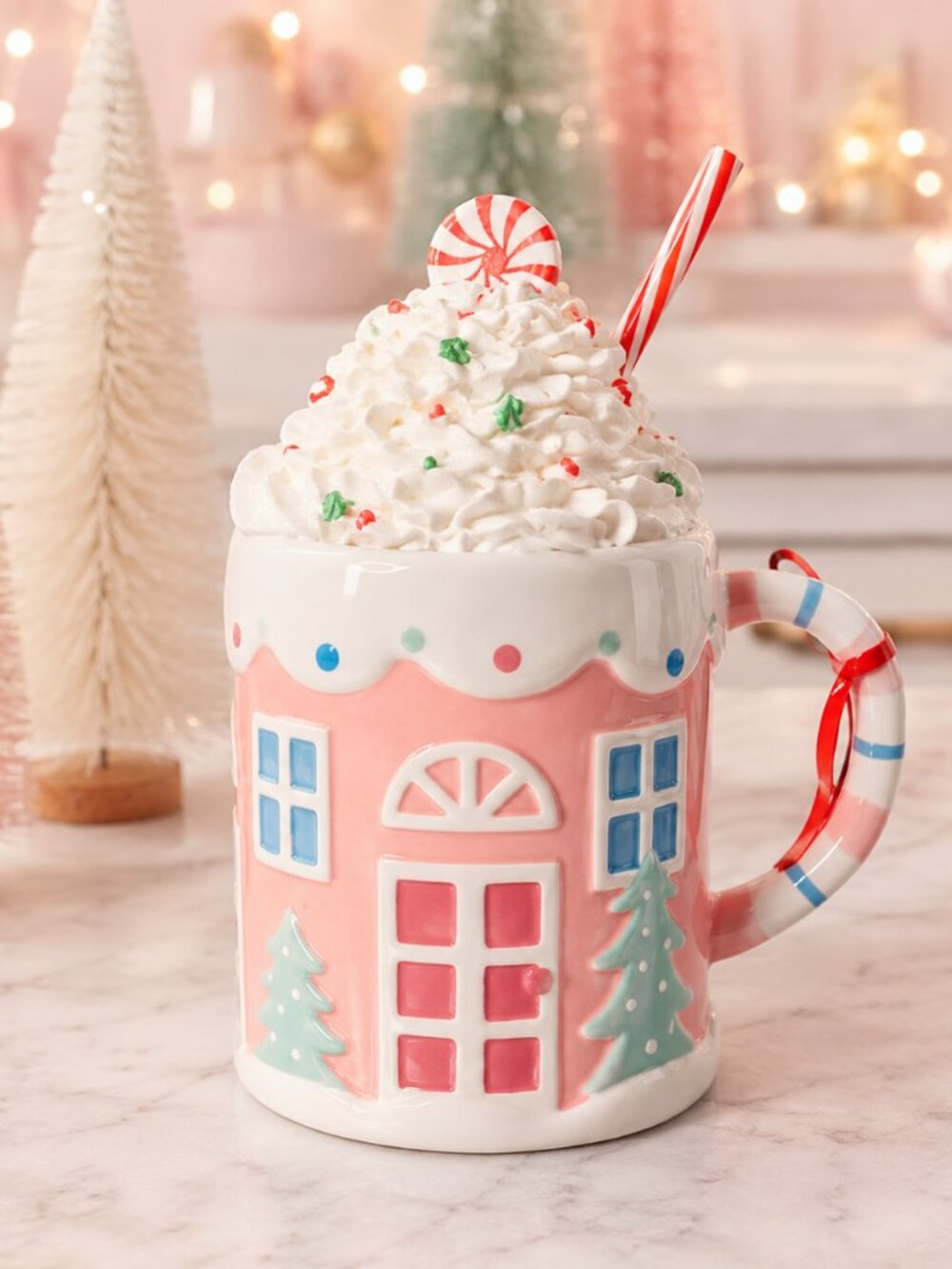 LANG Pink Gingerbread House Mug Whipped Cream Topper Christmas NWT
